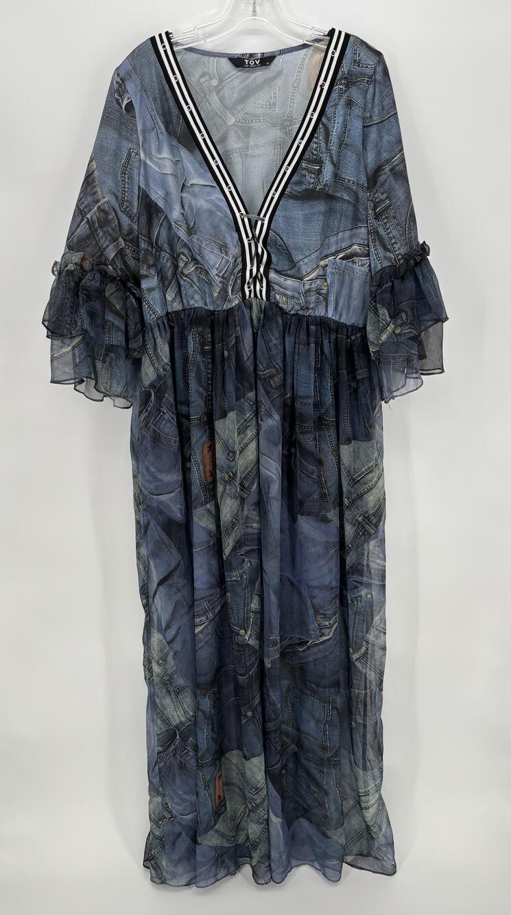 TOV Dress Womens 44 Blue Denim Print Chiffon Maxi Ruffle Sleeve V-Neck romantic